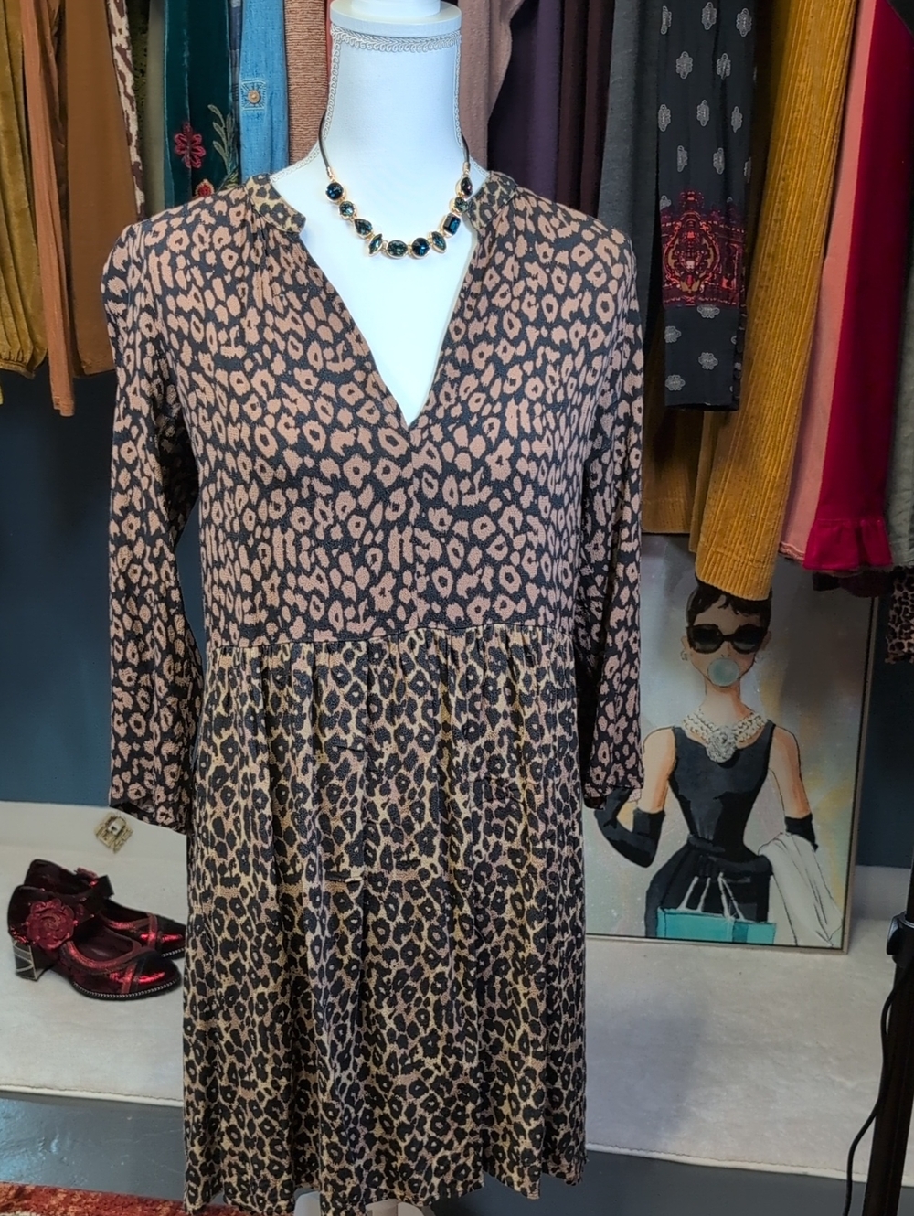Maeve Leopard Print V-Neck Tiered Dress in Black and Tan